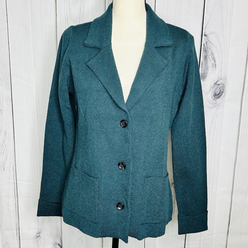 Adrienne Vittadini Sweater Jacket Dark Teal Green Sz M Button Front Long Sleeve